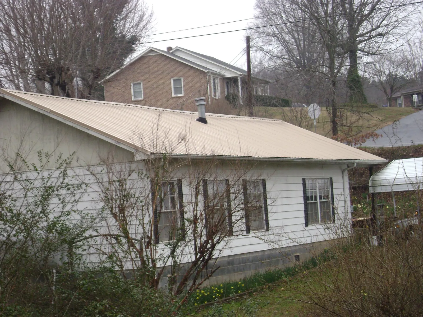 Tan metal roof on a white sided house set into a hillside in Cottonwood